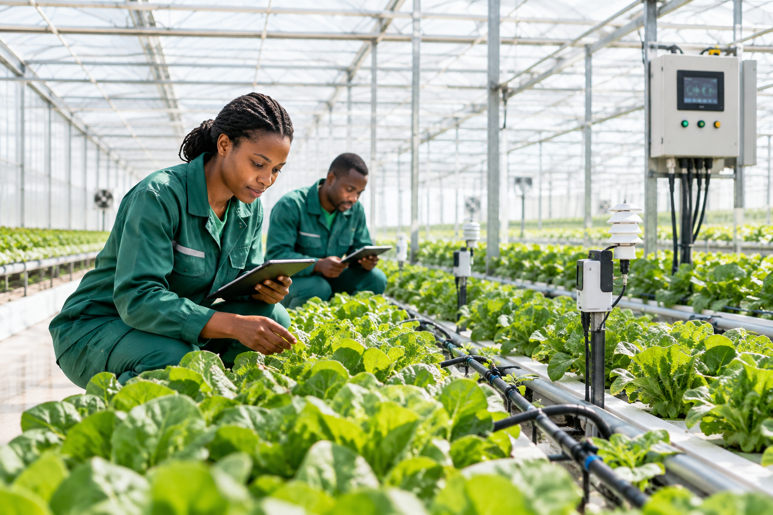 Farming team managing greenhouse crops with modern irrigation systems
