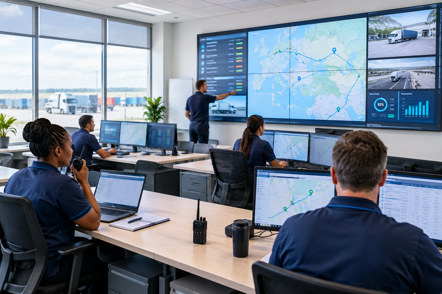 Transport and logistics control team monitoring shipment routes and dispatch operations
