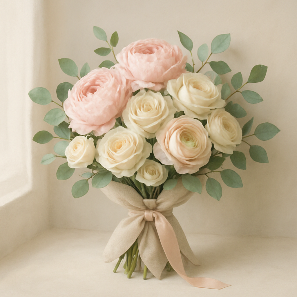 Elegant bouquet of blush peonies, cream roses, and soft greenery wrapped in pale linen