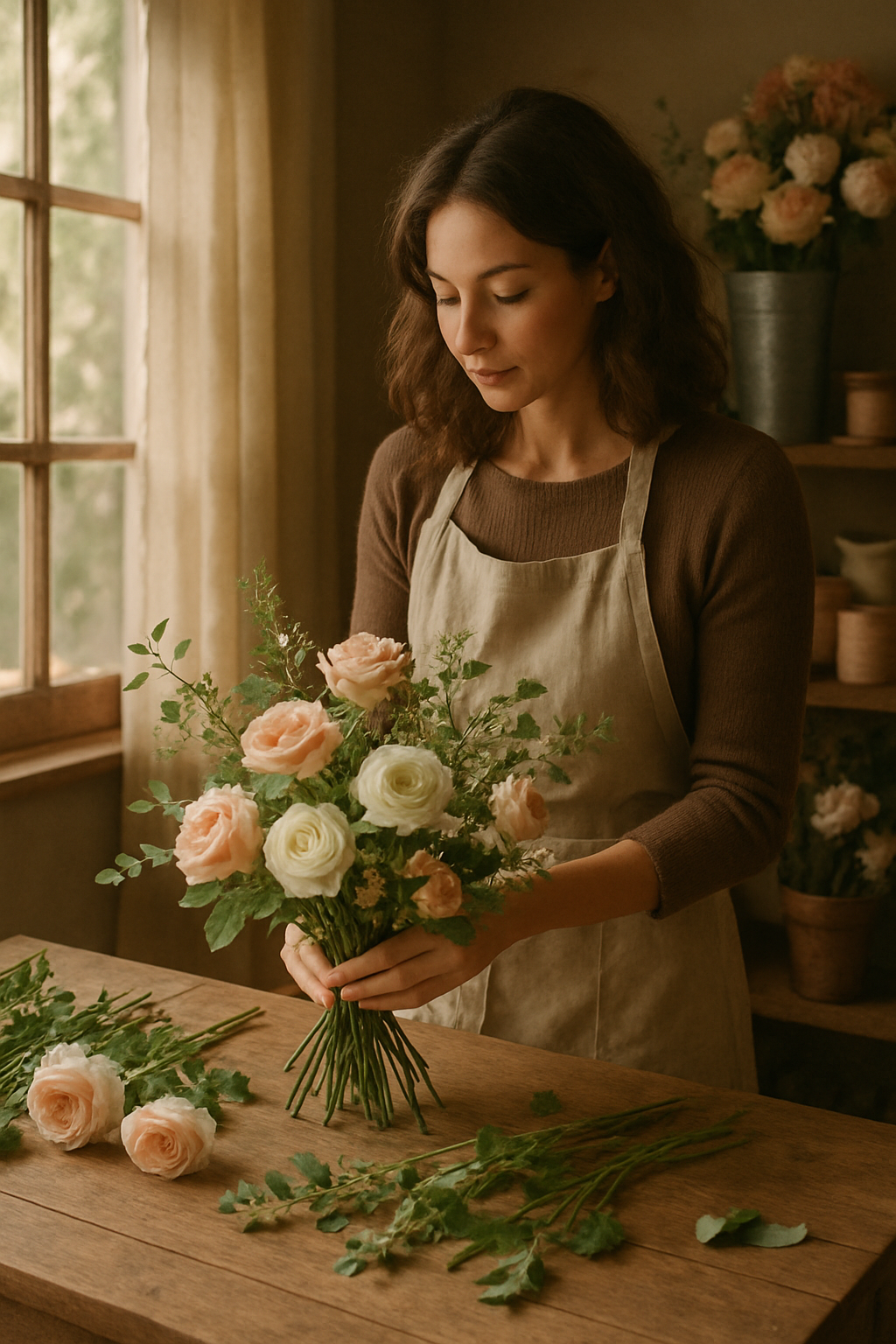 florist in a cozy shop carefully arranging a mixed bouquet of roses, ranunculus, and greenery on a wooden worktable