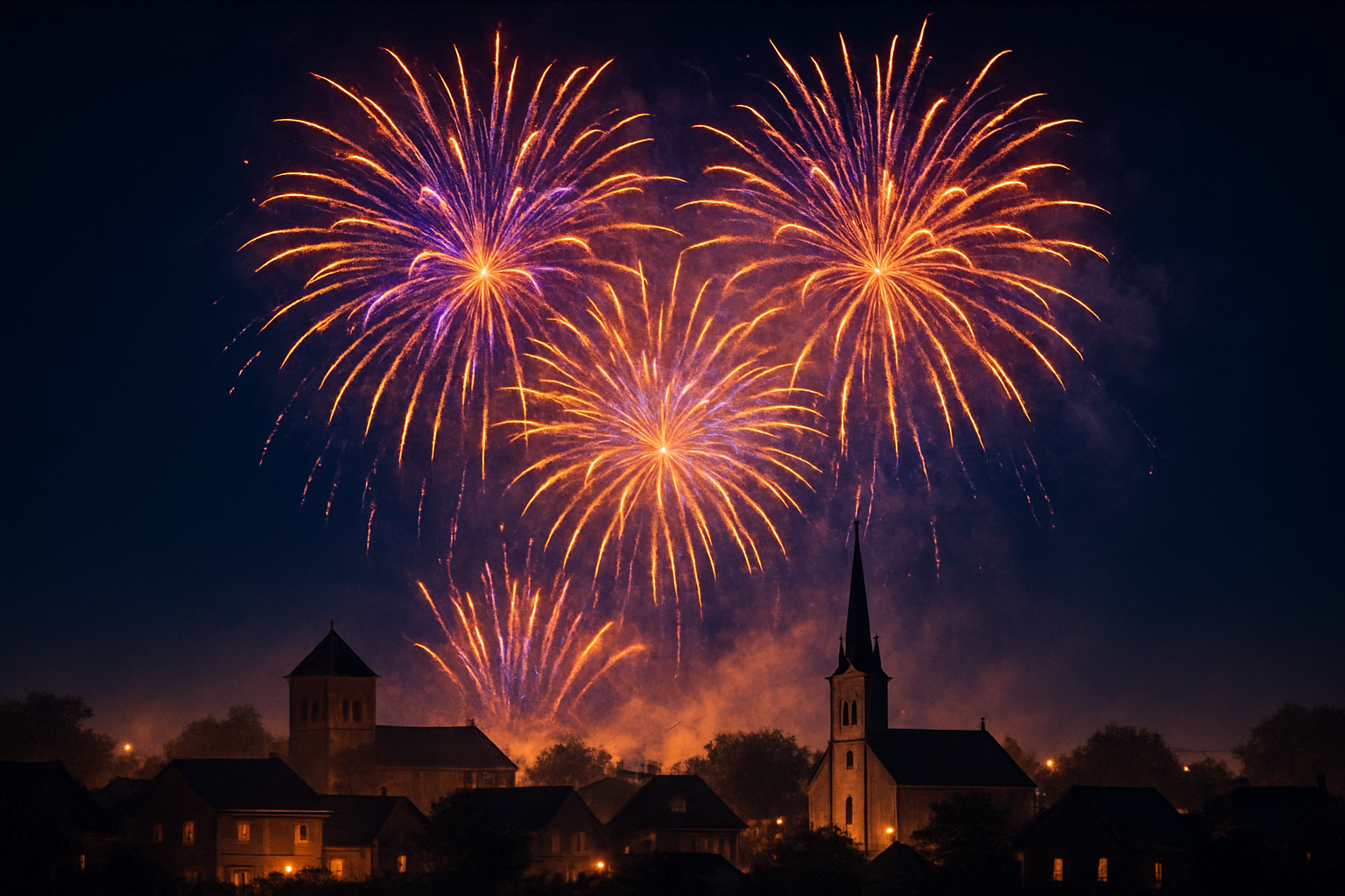 Vibrant fireworks lighting the night sky above a local town skyline