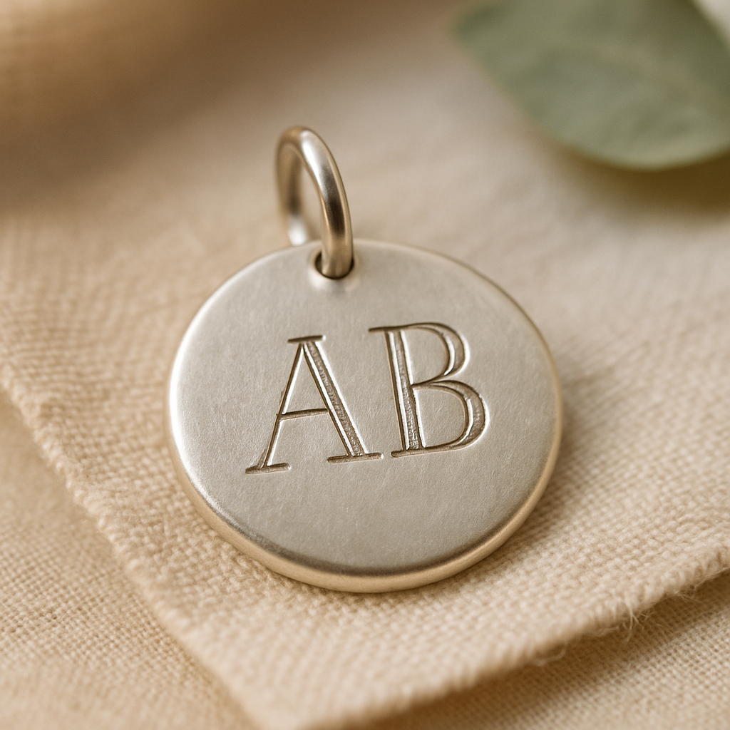 Close-up of a silver pendant with delicate hand-engraved initials