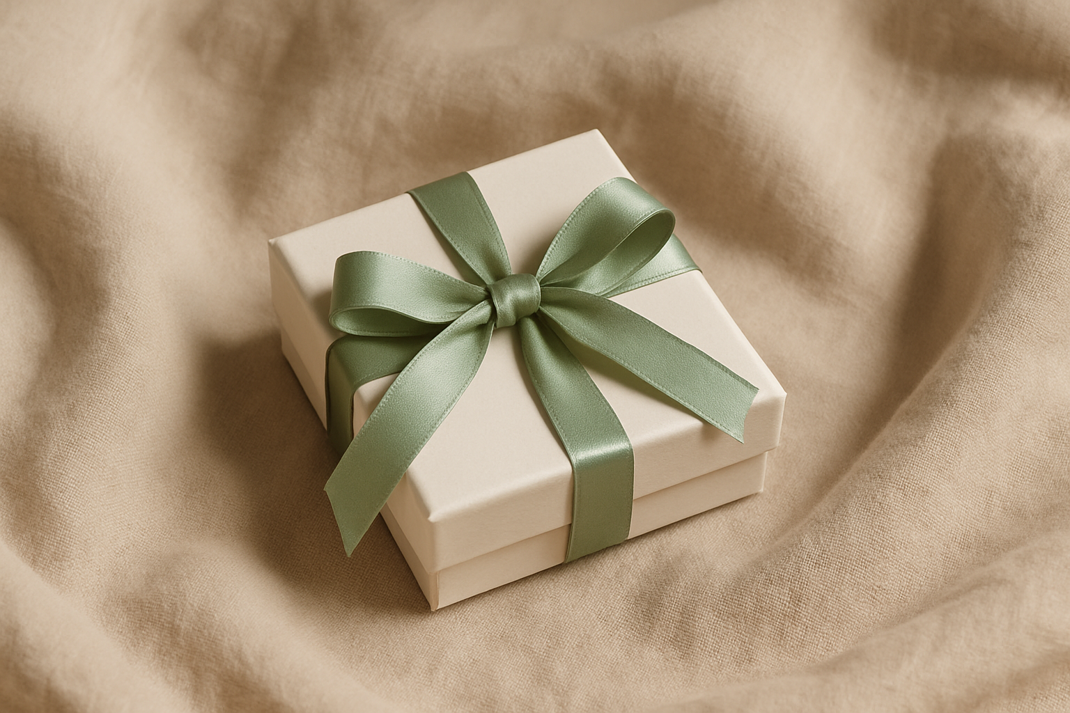 Gift-ready jewelry box with sage ribbon on soft linen