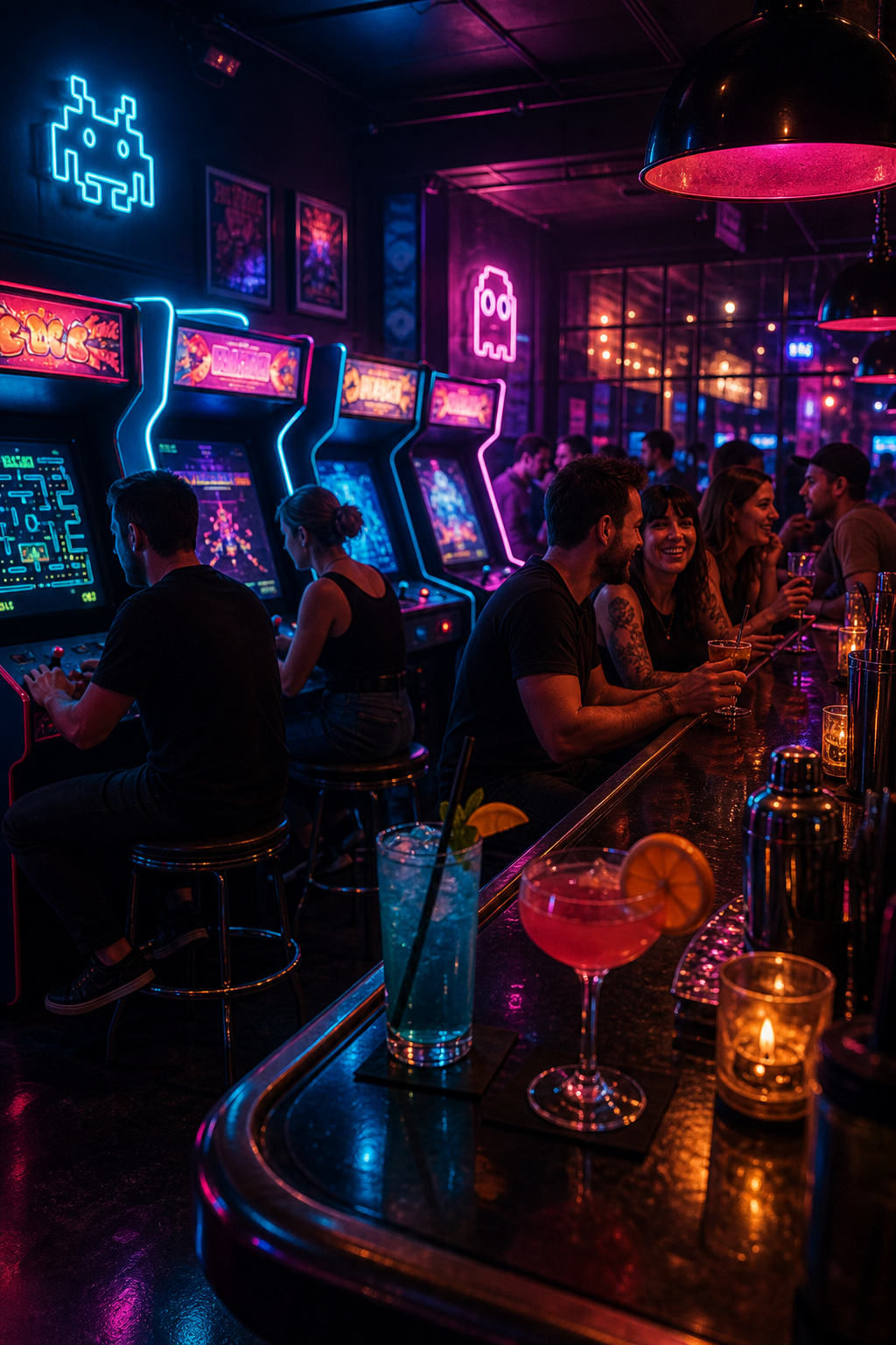Stylized interior of a retro arcade bar at night with neon arcade machine glow, colorful cocktails on the bar, and energetic groups of adults socializing