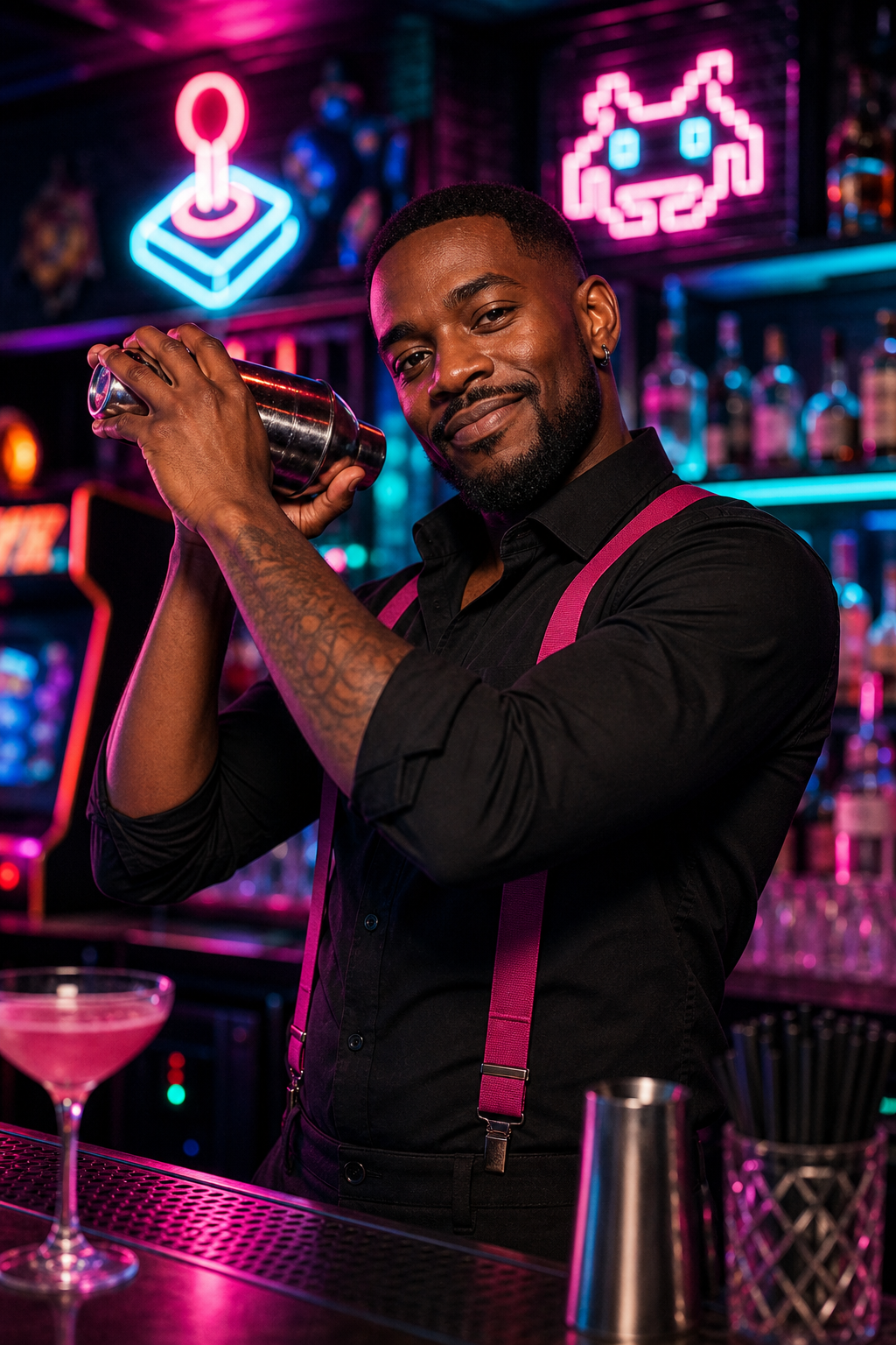 Portrait of Darnell Price, a confident bar lead with rolled sleeves and magenta suspenders, mixing a cocktail under retro neon signage