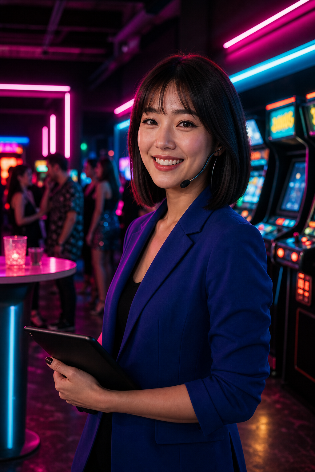 Portrait of Lena Park, an events coordinator in a cobalt blazer and headset, smiling beside a lit-up private party lane