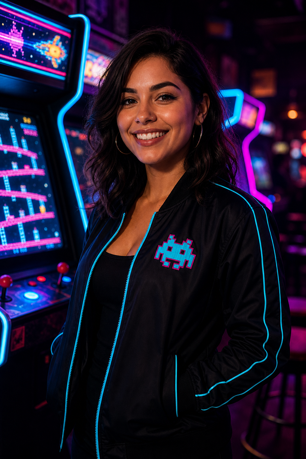 Portrait of Maya Cruz, a cheerful host in a black arcade jacket with cyan neon trim, standing in front of glowing arcade cabinets