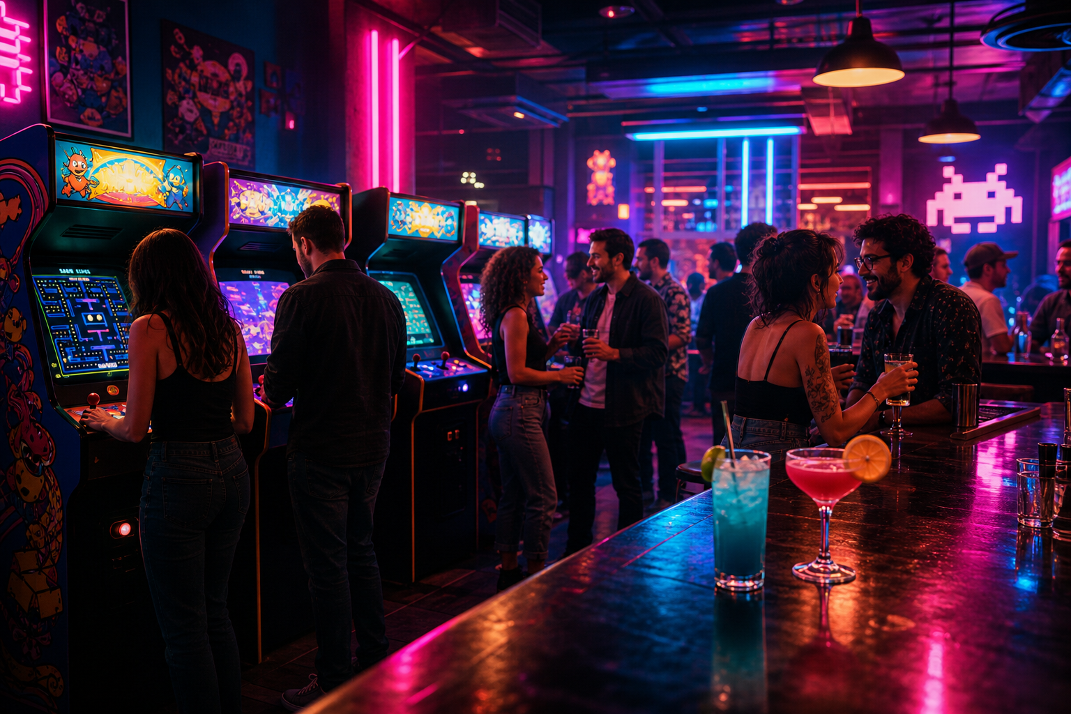 Dramatic neon-lit arcade bar scene with glowing retro cabinets, colorful cocktails on the bar, and a lively evening crowd socializing under magenta and cyan lights
