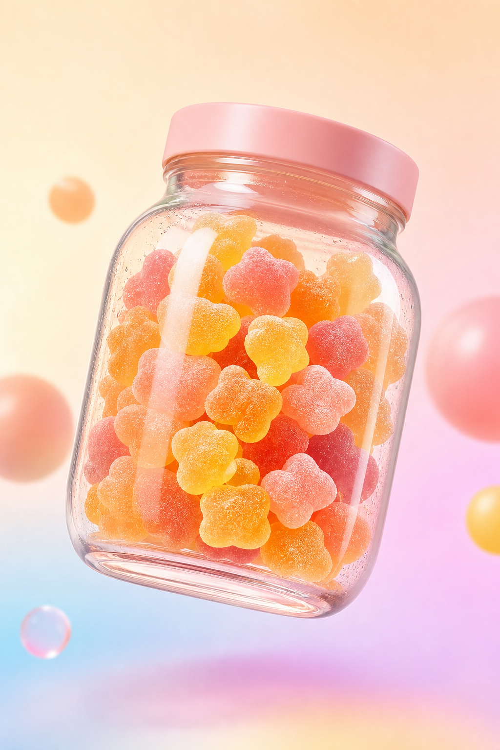 Floating glass jar filled with colorful wellness gummies, softly lit with pastel reflections
