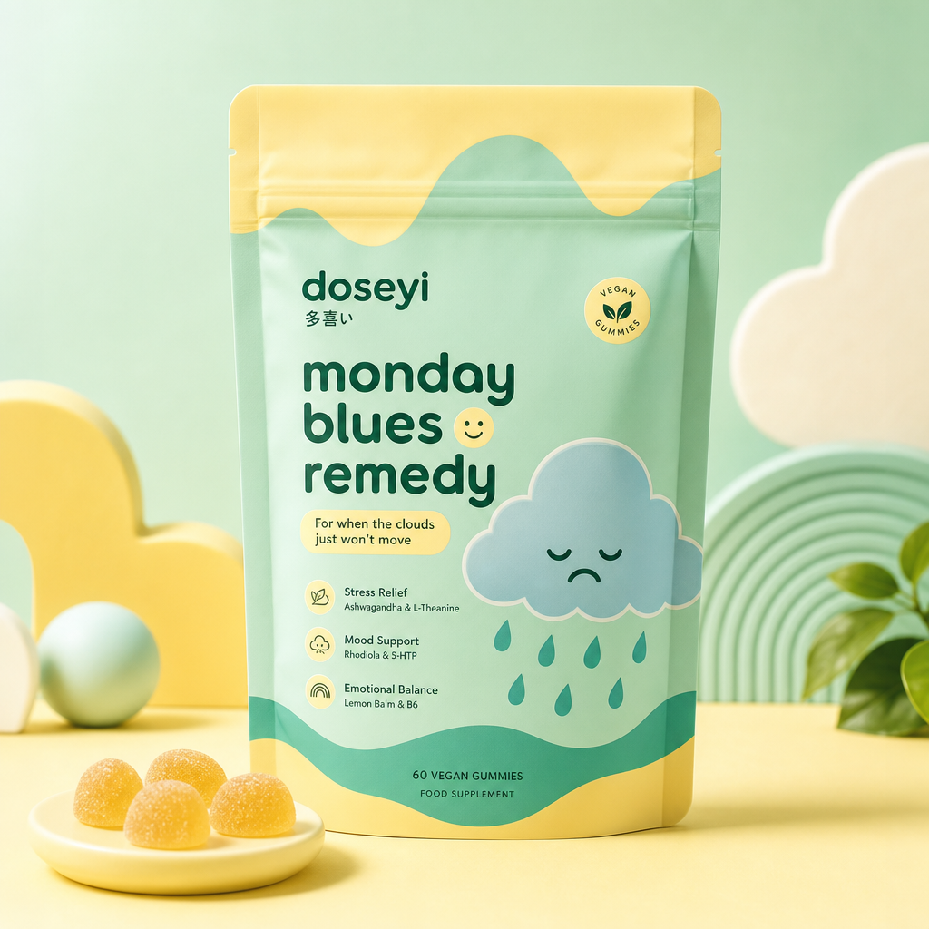 Doseyi Monday Blues Remedy gummies pouch in mint and soft yellow tones with playful rain cloud illustration under clean warm studio lighting
