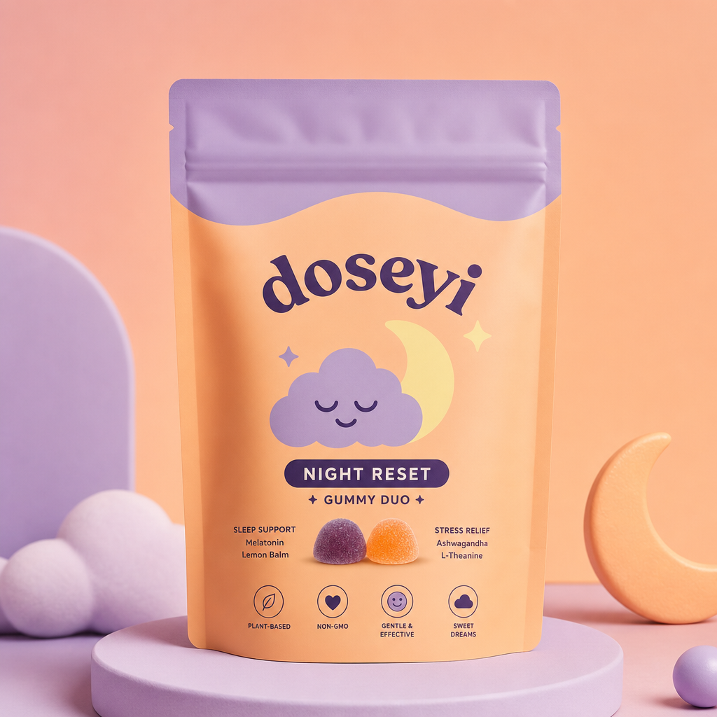 Doseyi Night Reset Gummies pouch with warm peach and lavender accents, playful cloud and moon icon, and soft premium studio lighting