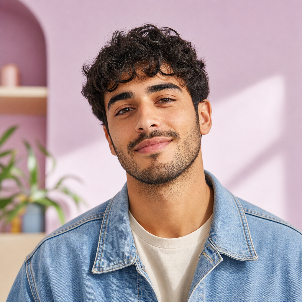 Portrait of Noam, a man with olive skin, soft stubble, and a denim jacket