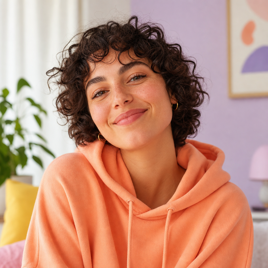 Portrait of Ria, a woman with a short curly dark bob, peach hoodie, and warm smile