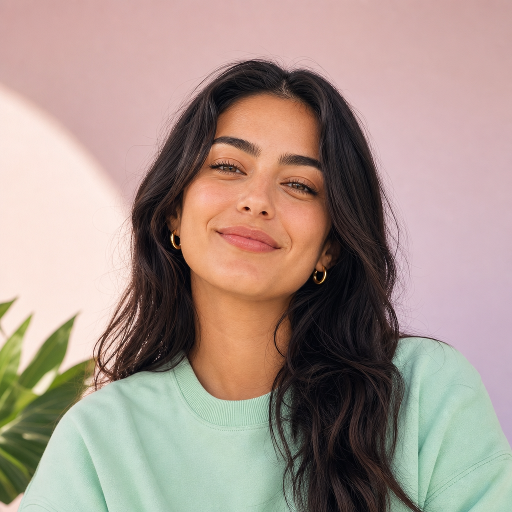 Portrait of Yasmin, a woman with wavy dark hair, gold hoops, and a mint sweatshirt