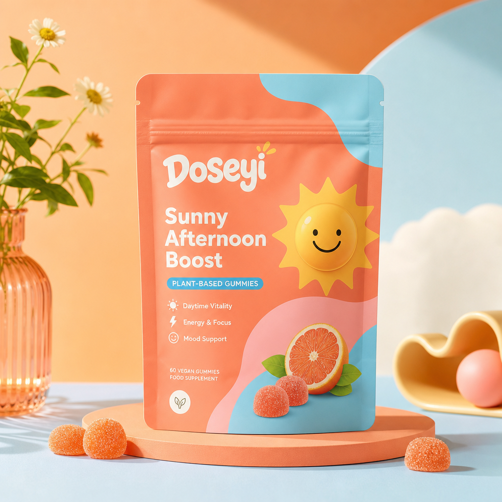 Doseyi Sunny Afternoon Boost gummies pouch in coral and sky tones with cheerful sunburst icon and bright soft studio lighting