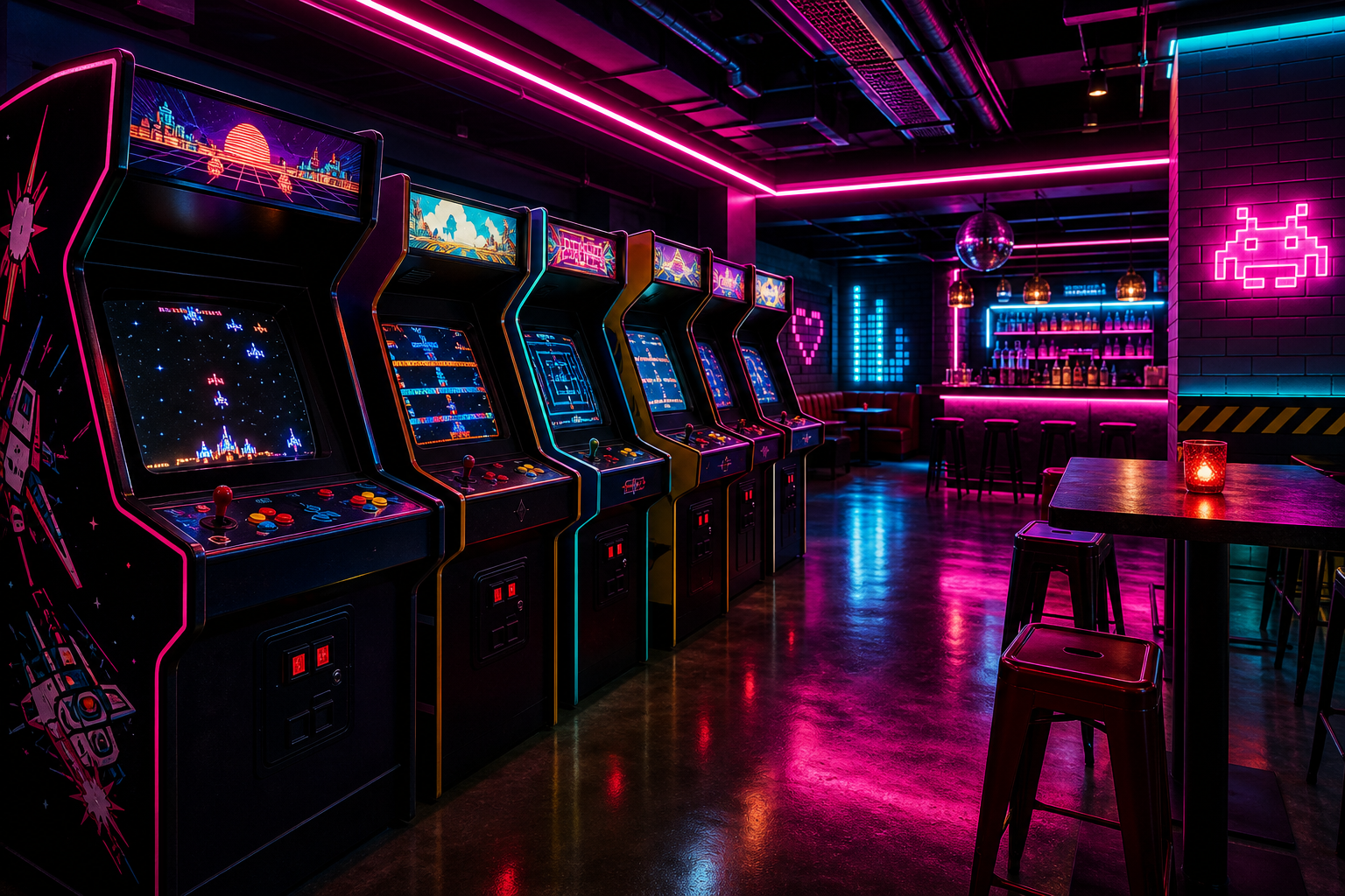 Glowing retro arcade machine lineup in a dark neon-lit bar