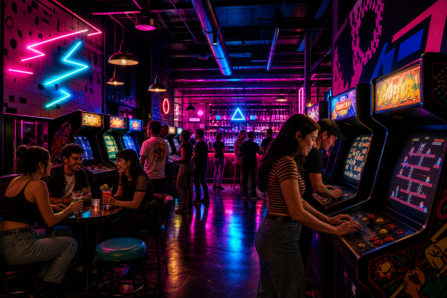 Neon-lit arcade bar interior with retro cabinets, glowing signage, and a lively social crowd