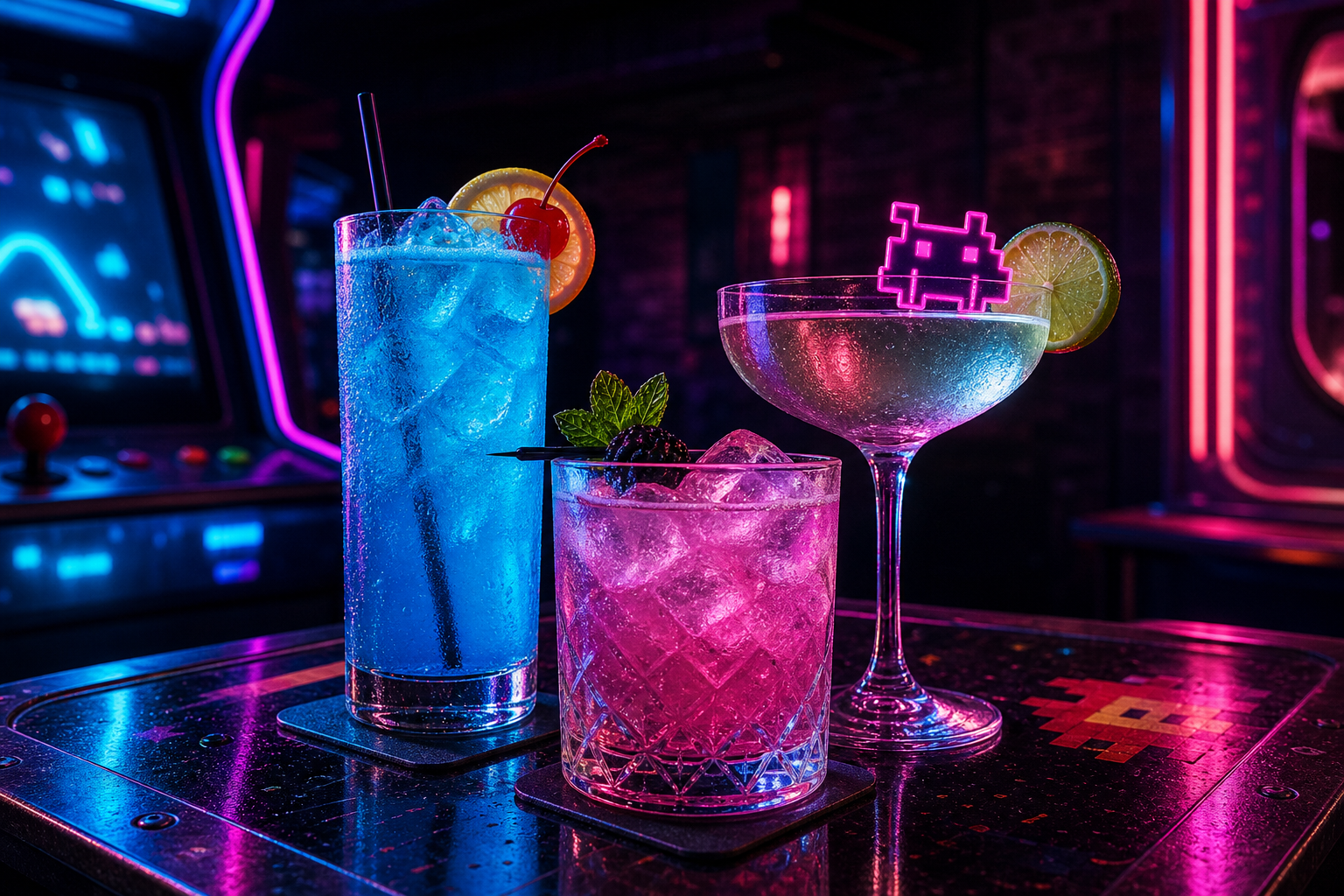 Colorful cocktails glowing under magenta and cyan neon lights