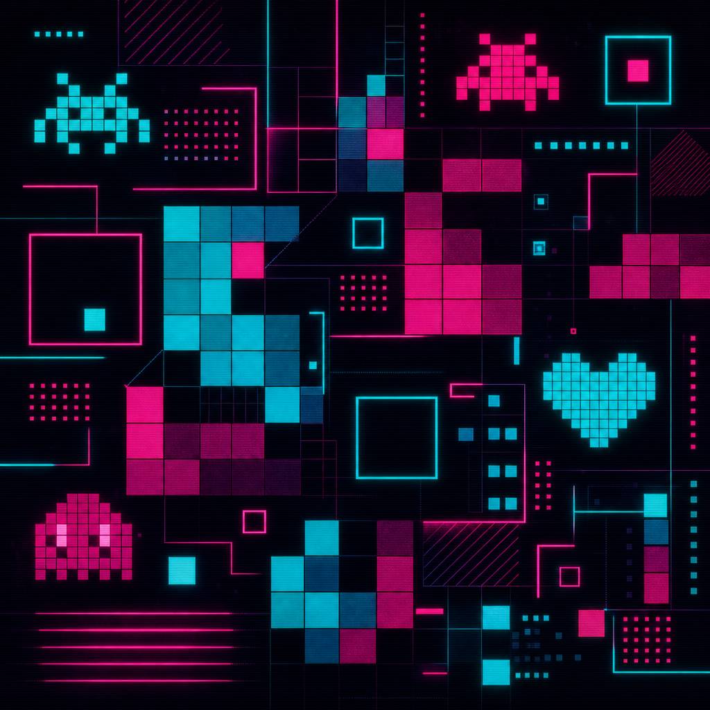 Abstract pixel-grid neon pattern with cyan and magenta blocks