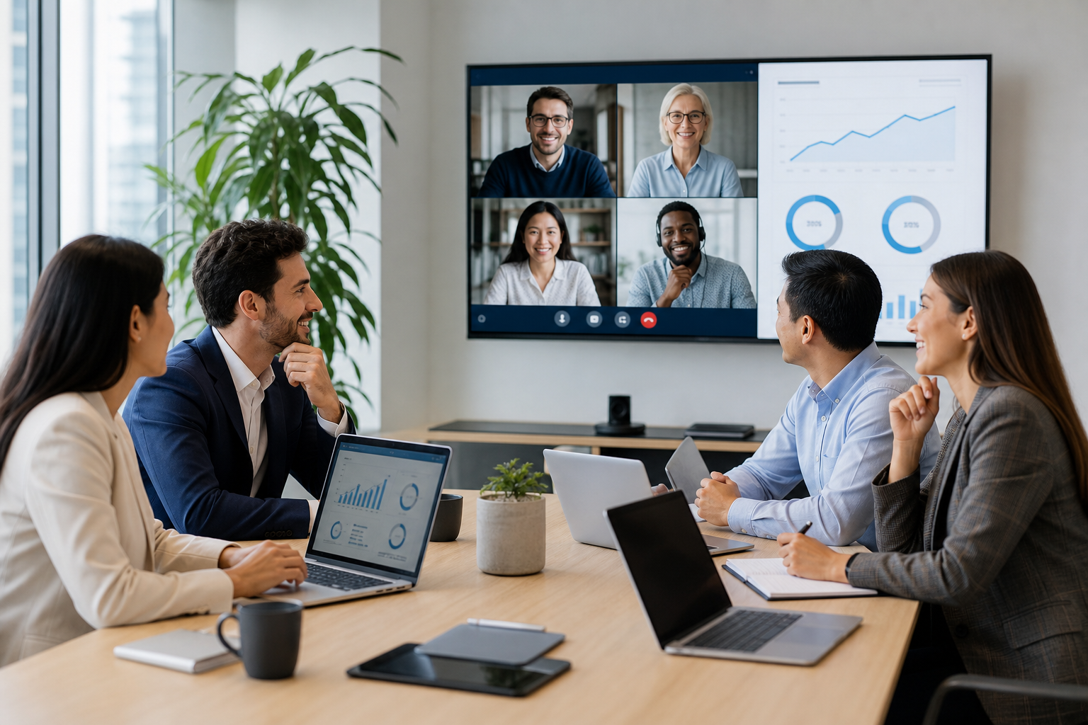 Diverse professional team in a modern online meeting room reviewing training progress on laptops and a shared dashboard