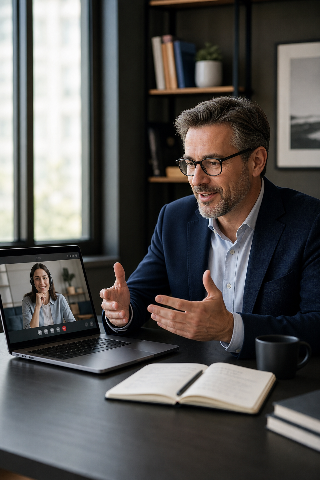 Senior professional in a focused online executive English coaching session, reviewing communication strategy on a laptop in a modern office