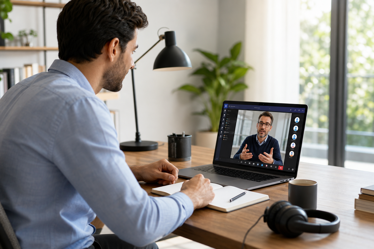 Adult learner in a live Microsoft Teams English class with an international coach, discussing progress on a laptop in a bright modern home-office setting