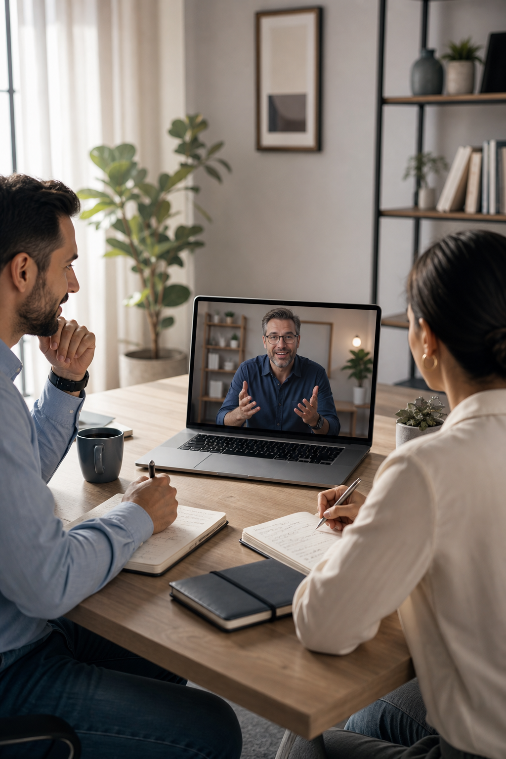 Adult professionals in a polished live online English coaching session on laptops with an international coach leading discussion in a modern home-office setting