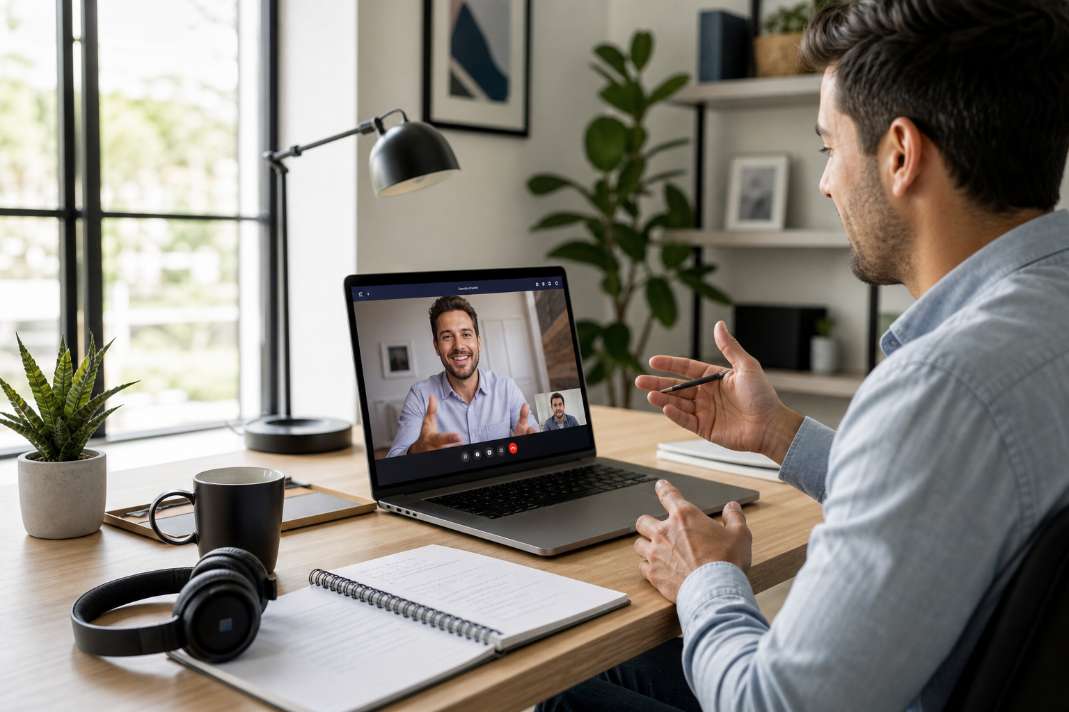 Adult professional in a live online English coaching session with an international instructor during a Microsoft Teams video call