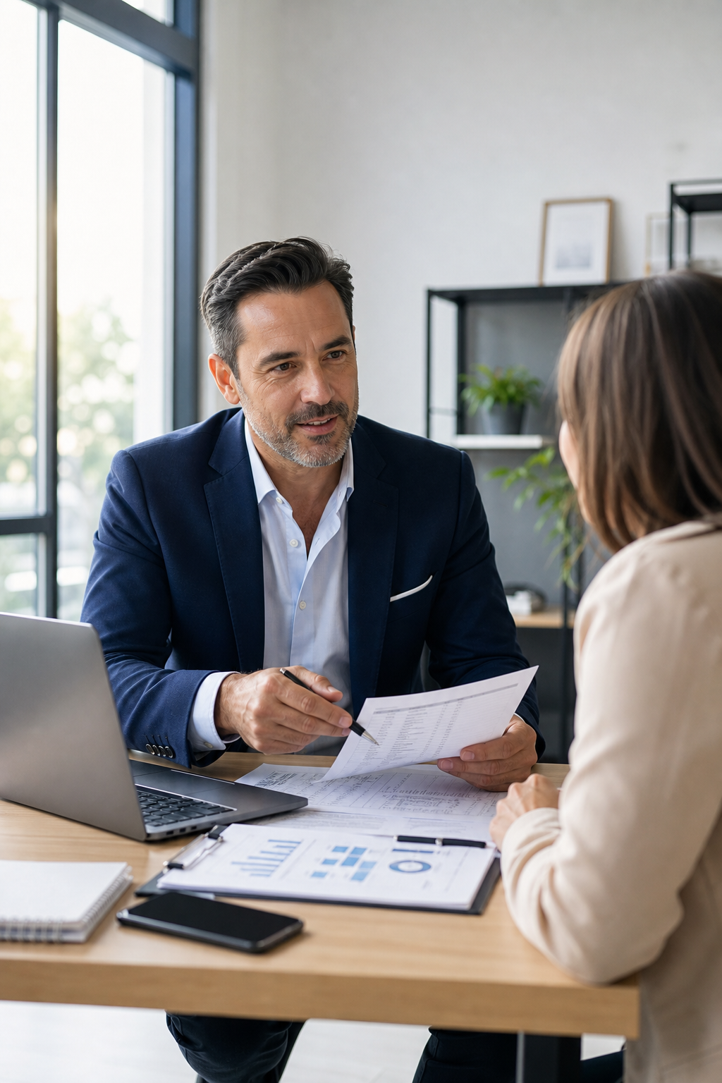 Bryan reviewing business documents with an independent business owner during a working consultation