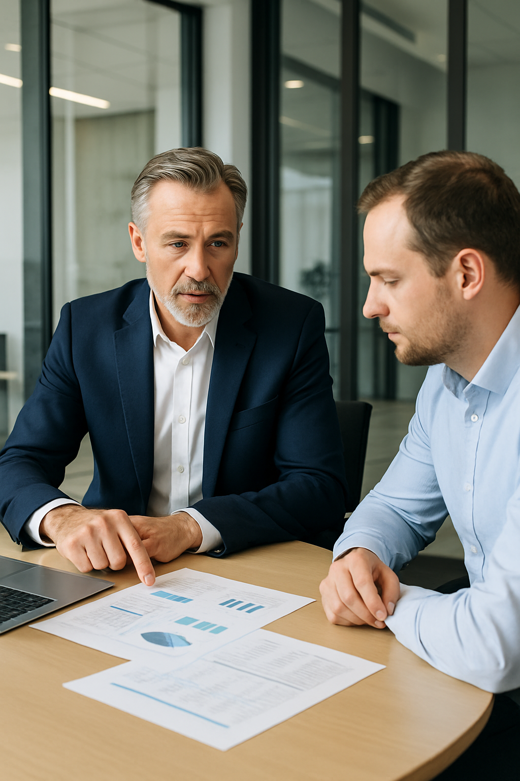 Senior business advisor leading a strategy session with an independent business owner in a premium modern office