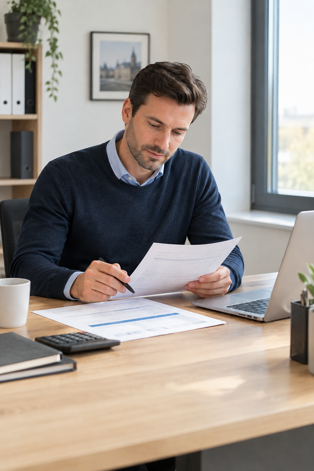 Tax advisor reviewing printed documents at a clean desk during a calm consultation