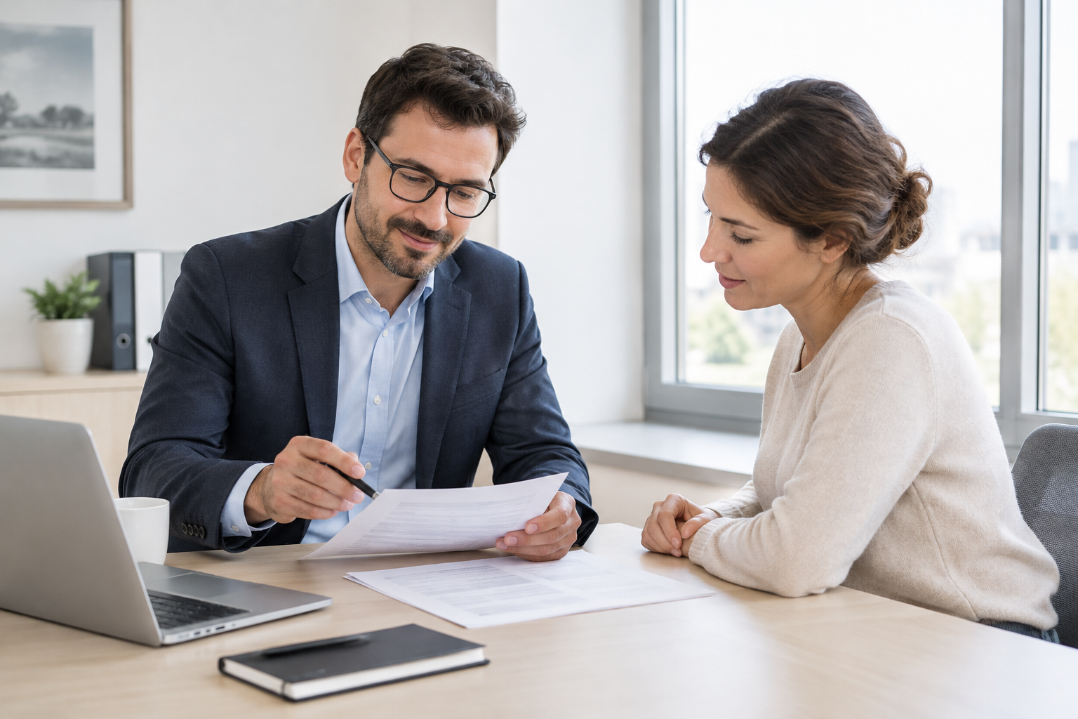Professional tax advisor reviewing documents with a client in a calm, modern office setting