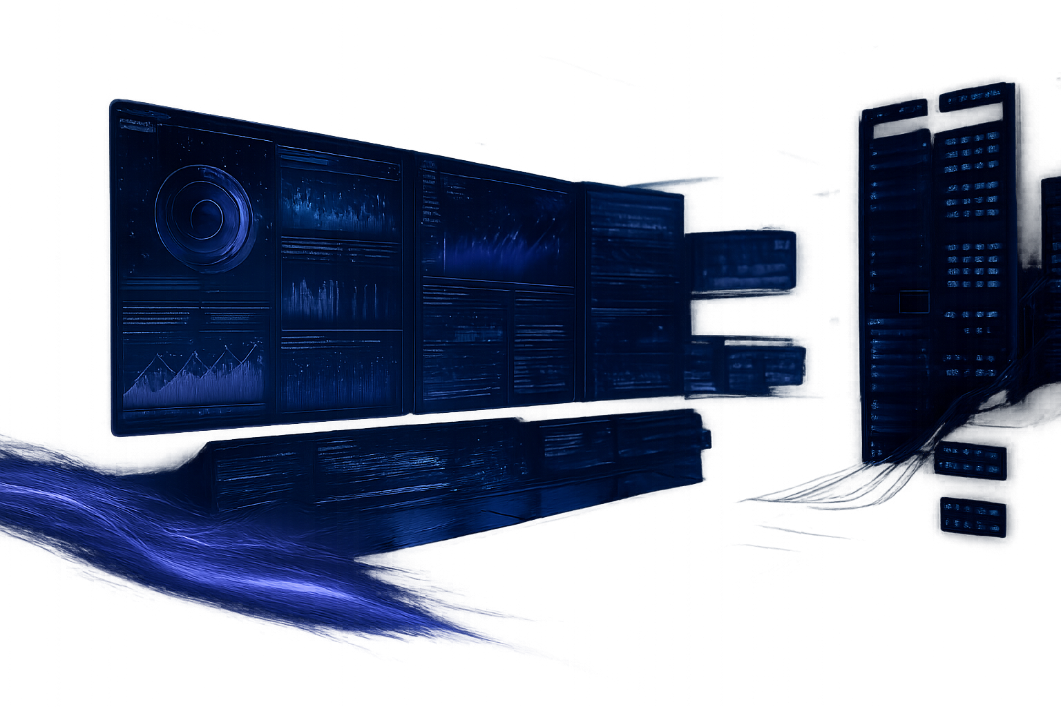 Futuristic enterprise AI operations environment with abstract control interfaces, flowing data streams, and infrastructure signal overlays in a dark premium technology setting