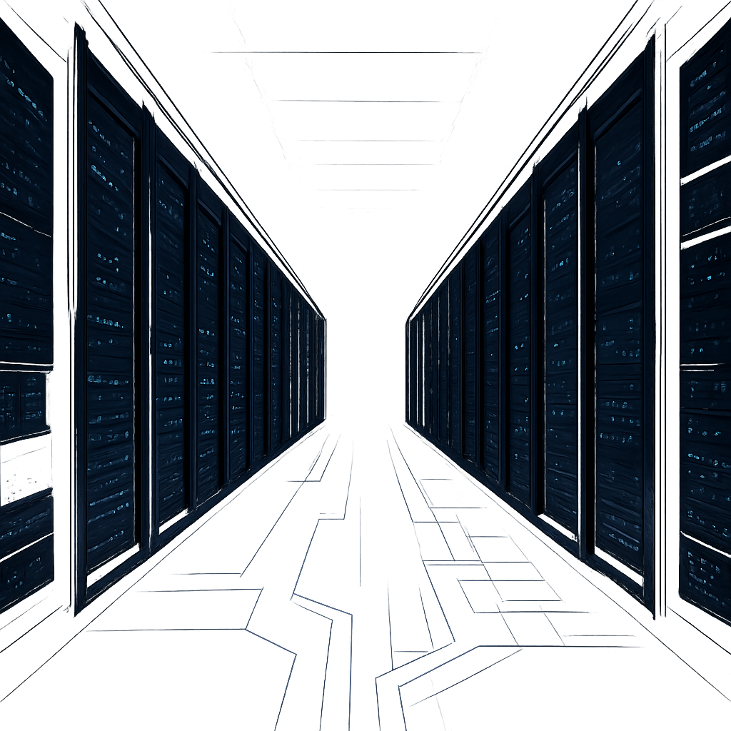 Abstract enterprise AI infrastructure scene with illuminated server racks, network pathways, and holographic data overlays in a dark datacenter environment