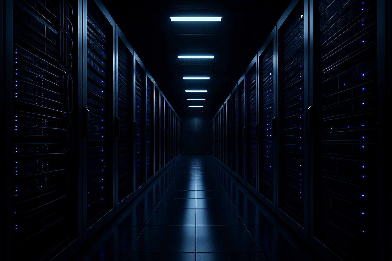 Dark modern AI datacenter aisle with high-density racks, cool blue and violet accent lighting, and clean cable management