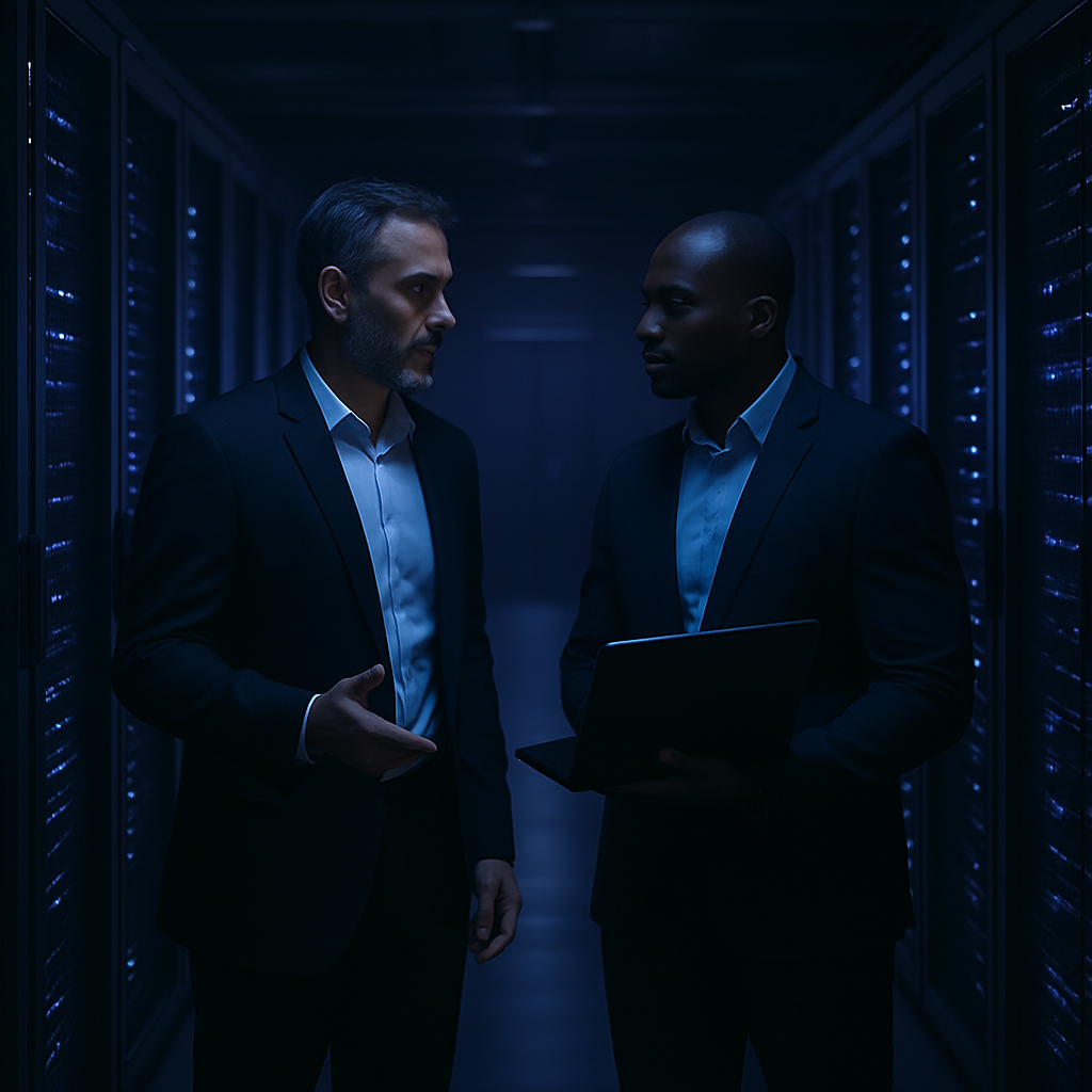 Modern datacenter partnership environment with illuminated server rows and executive collaboration atmosphere in cool blue and violet tones