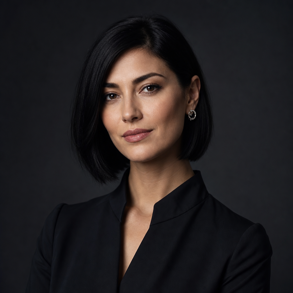 Portrait of Ariel Park, a woman with a sleek bob haircut and subtle silver earrings