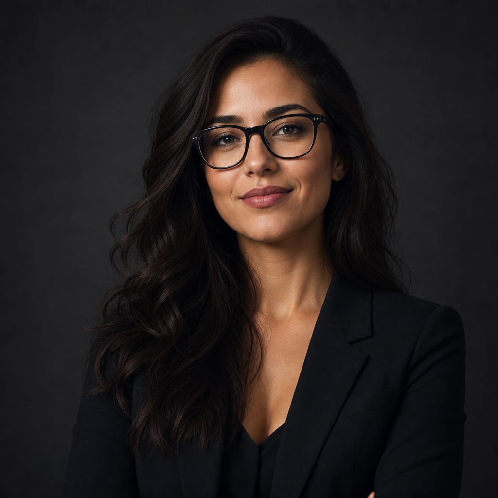 Portrait of Nina Alvarez, a woman with long wavy hair and modern glasses in a dark studio