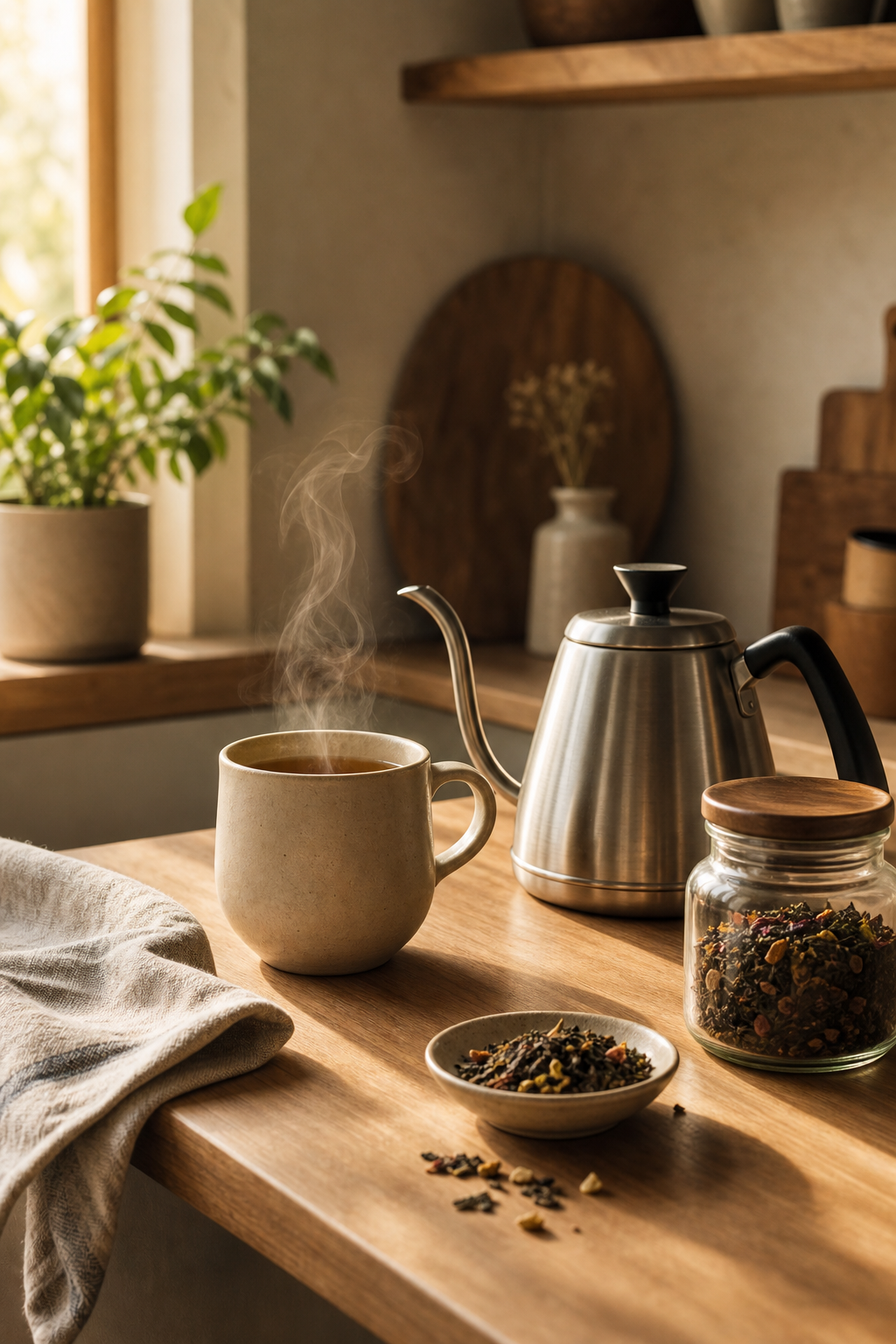 Calm at-home brewing moment with a cup, kettle, and tea setup