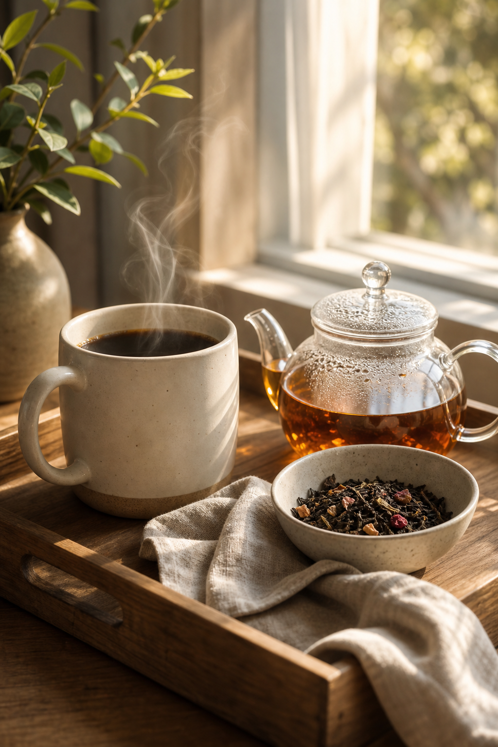 Warm home coffee and tea serving scene with ceramic cups, glass teapot, and wooden tray by a sunlit window