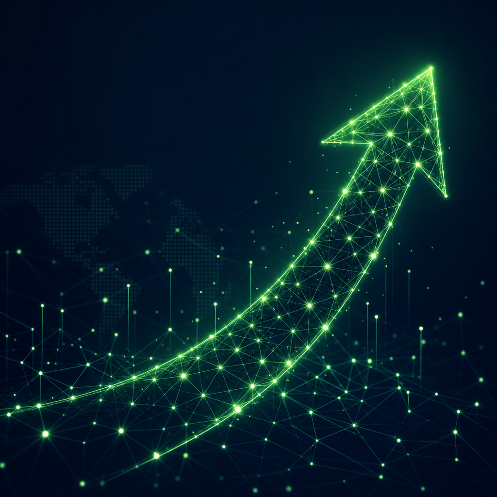 Abstract AI growth network forming an upward arrow with glowing nodes and lines