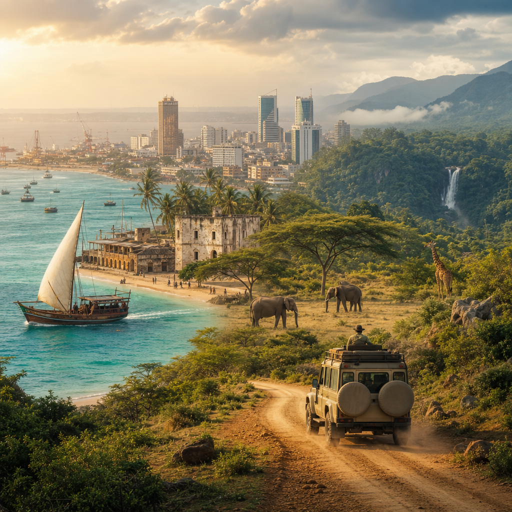 Warm sunrise over an East African coastal road with open landscape, distant palms, and a traveler vehicle creating an adventurous atmosphere
