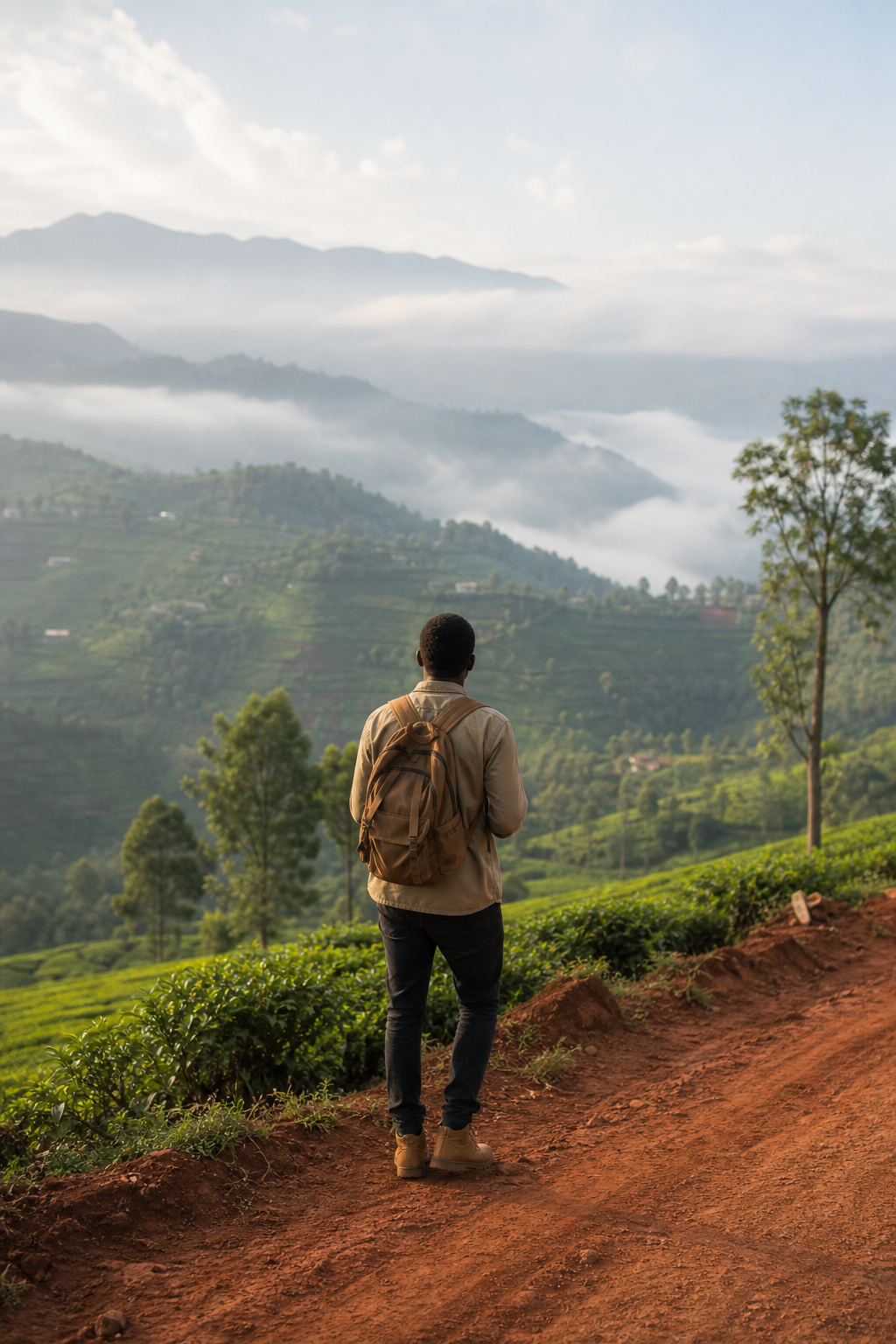 Traveler pausing on a red-earth roadside above a misty East African valley with layered green hills and soft morning light