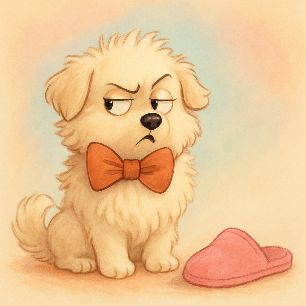 Fluffy dog with a big bowtie giving a dramatic side-eye to a slipper