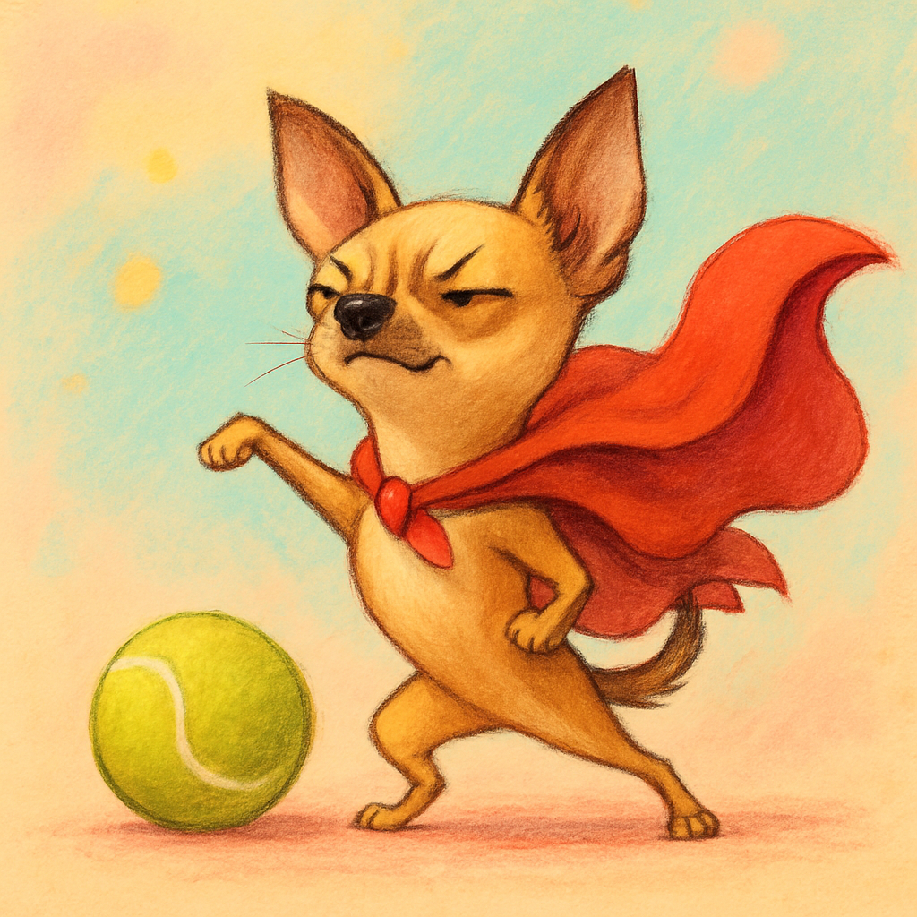 Small dog in a superhero cape posing dramatically with a tennis ball