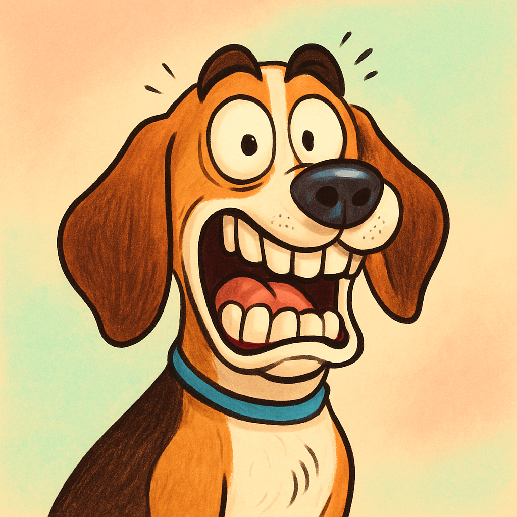 Cartoonish beagle with a shocked, theatrical grin