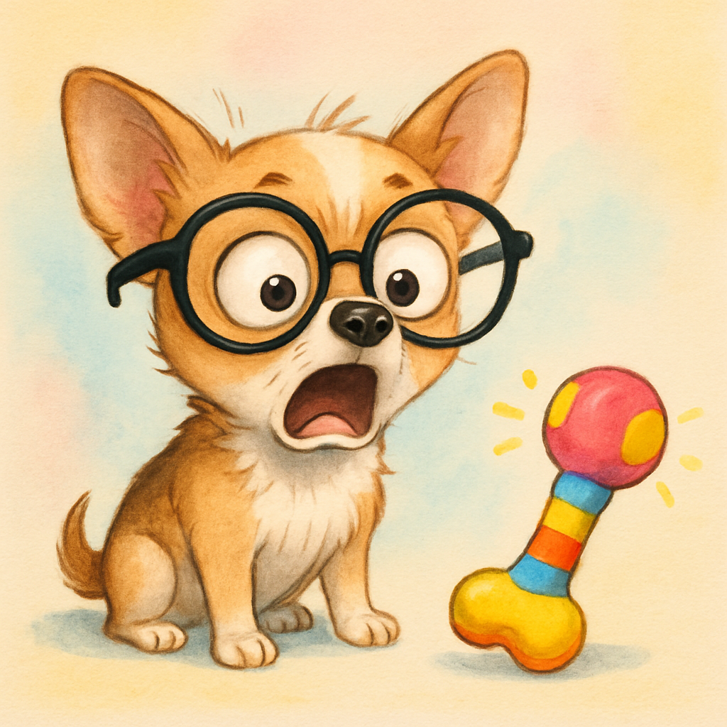 Dog wearing oversized glasses looking shocked at a squeaky toy
