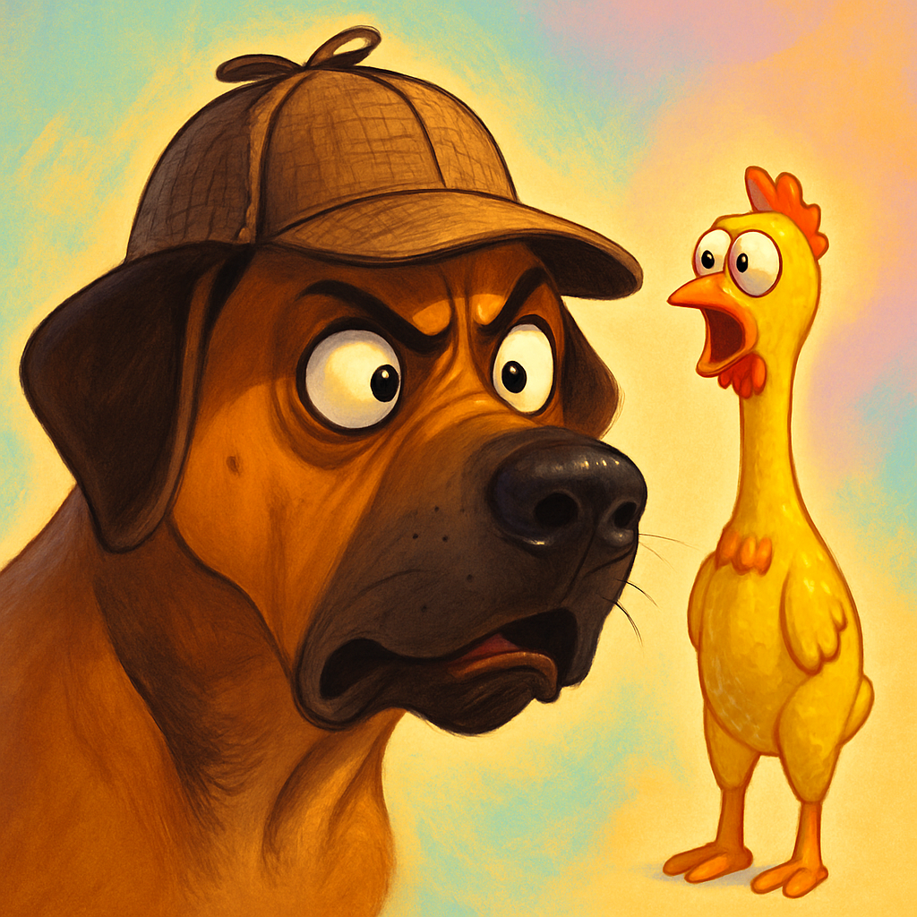 Dramatic dog in a detective hat staring at a rubber chicken