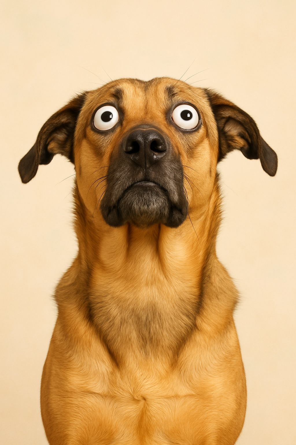 A dramatic dog with an exaggerated, hilarious expression gazes upward as if reviewing something with utmost seriousness