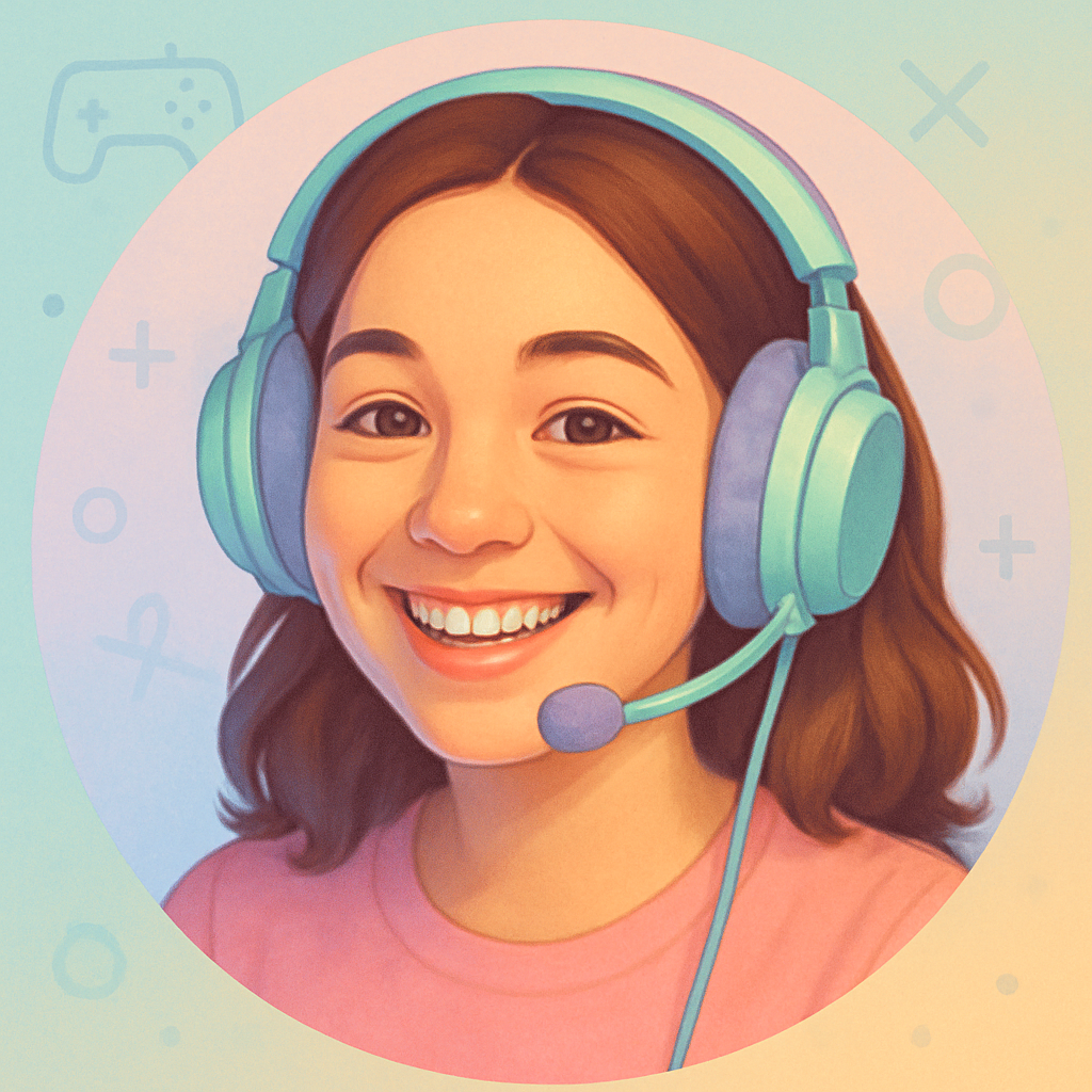 Smiling teen gamer wearing a pastel headset, lit by a soft screen glow
